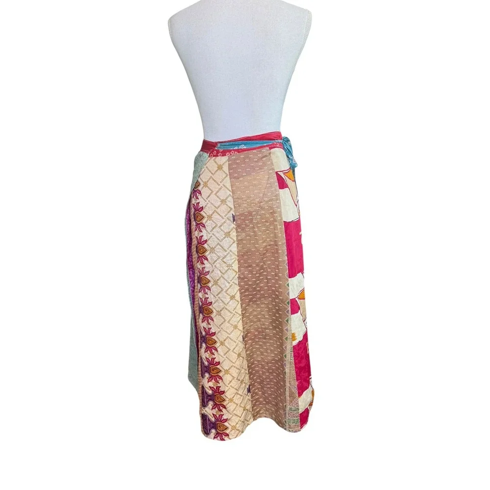 Reversible Silk Blend Patchwork Wrap Maxi Skirt Recycled Sari Boho NEW
